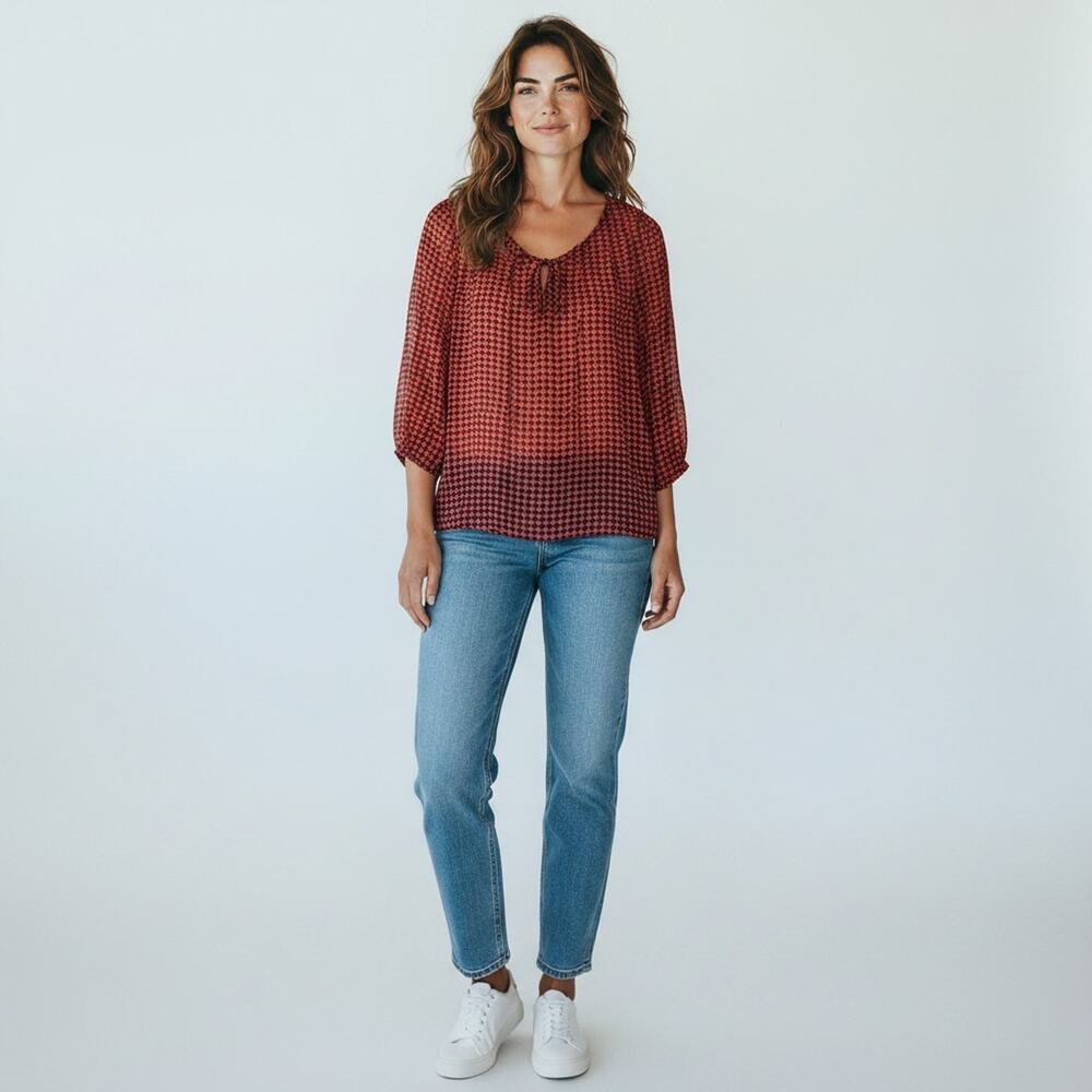 Pleione Red Hearts Top Medium Navy Blue Blouse Anthropologie Made USA Blouse